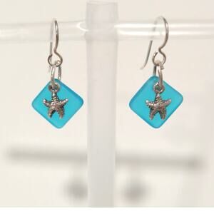 925 Sterling Silver Starfish Dangle Drop Earrings Square Seaglass Beach Jewelry